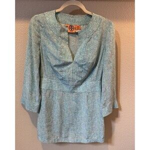 Tory Burch Silk women's blouse Top Tunic Shirt Teal & White print size 6